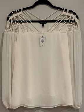Express White Sheer Chiffon Strappy Cutout Neckline Long Sleeve Blouse Med. Y2K